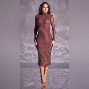 Brown with Gold Crystal Mock Neck Double Mesh Midi Dress - NWT